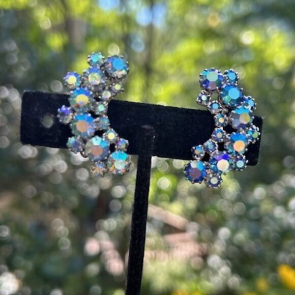 WEISS Aurora Borealis AB Blue Rhinestone EARRINGS - Picture 4 of 6